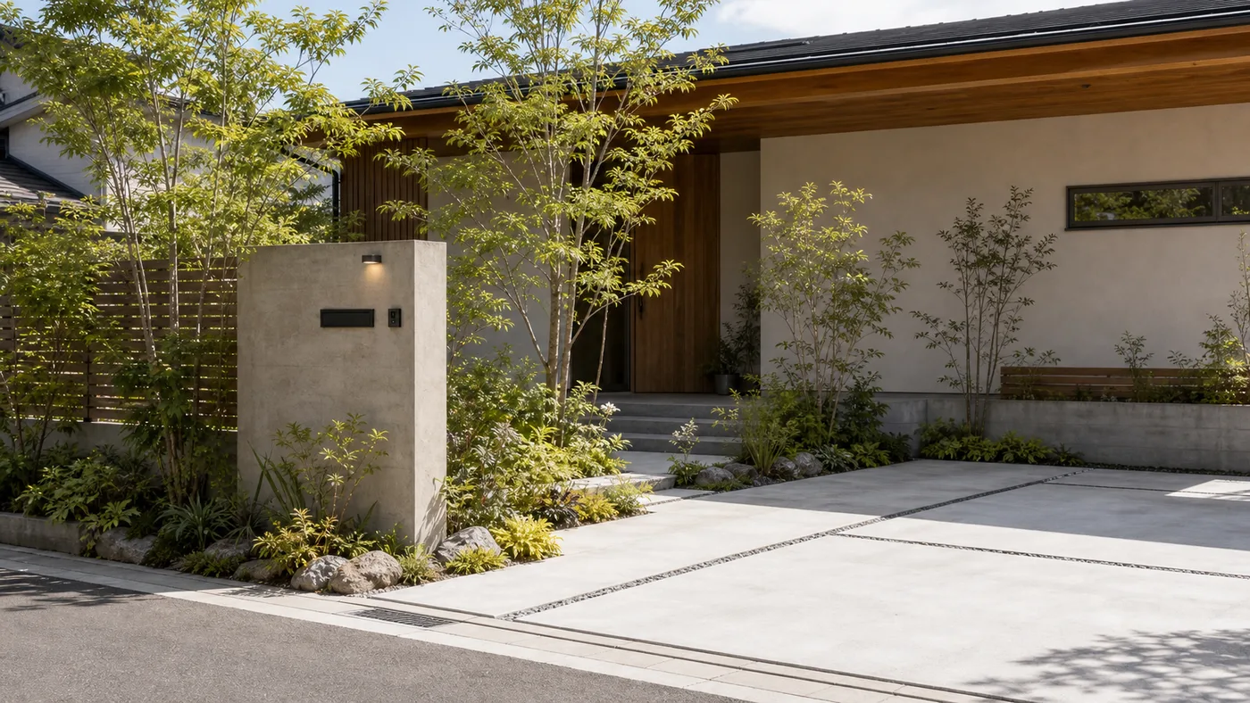 コンクリートと植栽を組み合わせたシンプルでおしゃれな新築住宅の外構。モルタル仕上げの門柱、コンクリート打ちの駐車スペース、アクセントになる緑の植栽が美しい