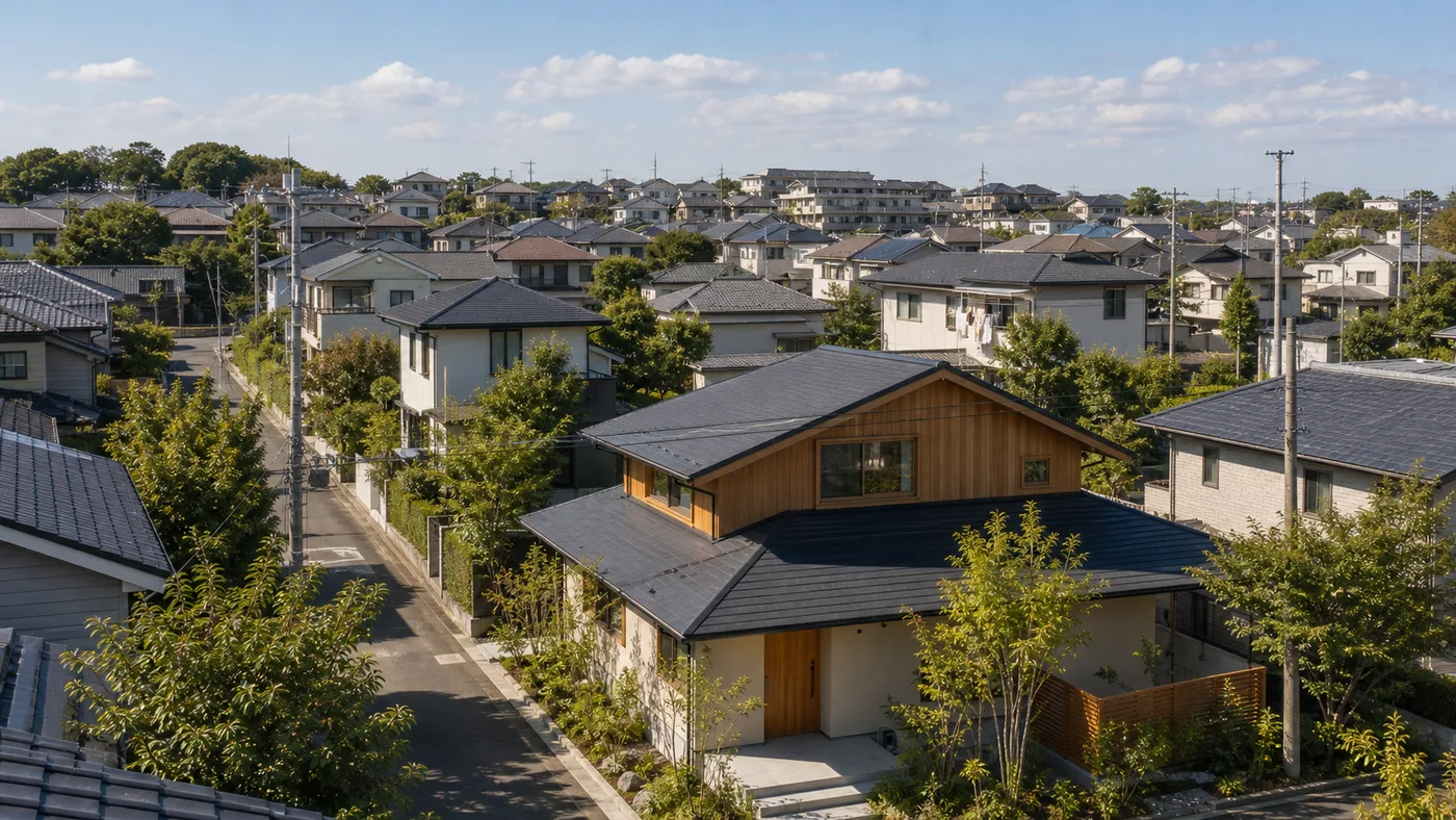 関西の住宅地の街並みを俯瞰する視点。落ち着いた住宅街に建つ戸建て住宅と緑、穏やかな空