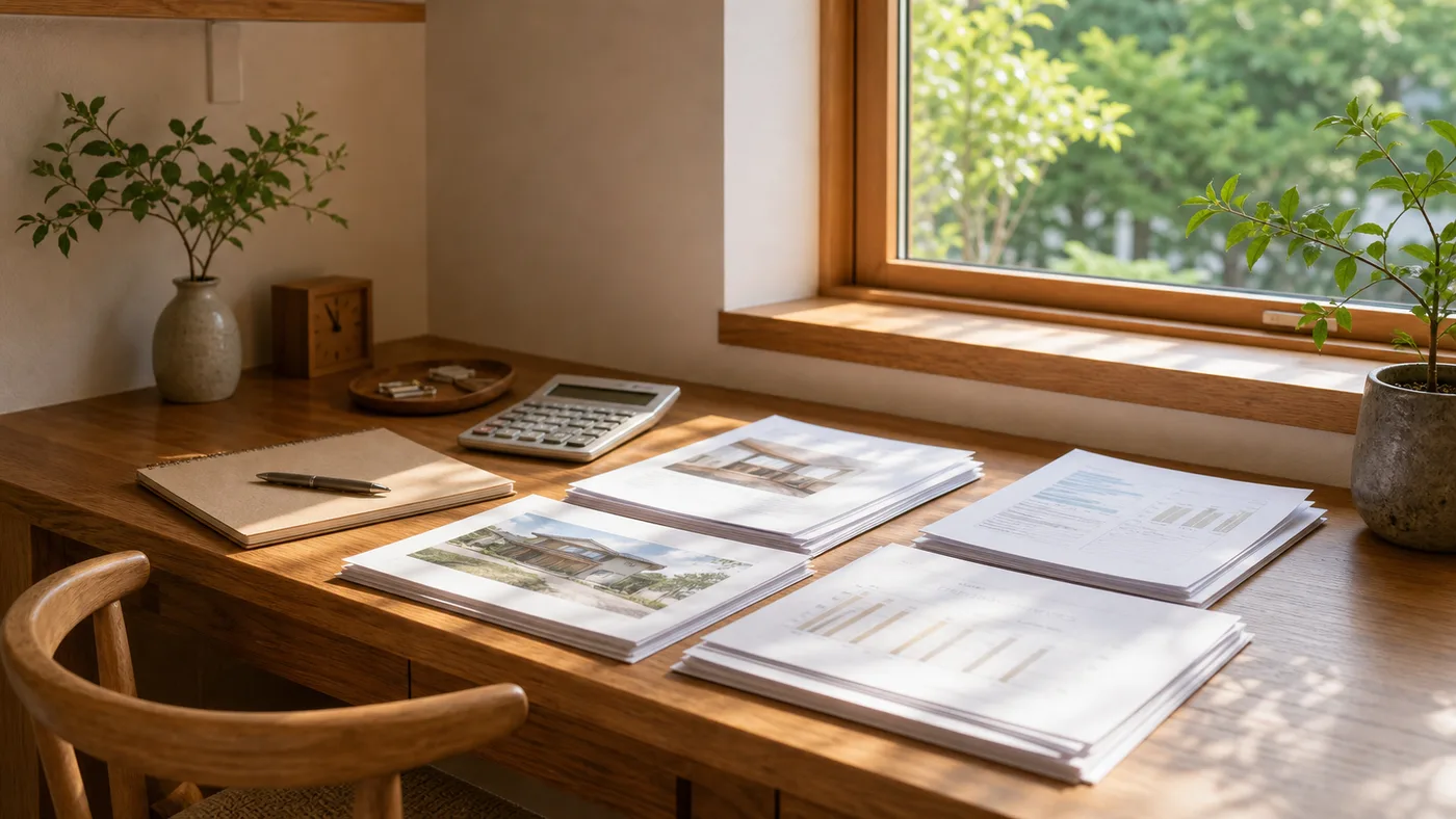 木のデスクに注文住宅の見積もり書類と間取り図が広げられている様子。自然光が差し込む落ち着いた空間