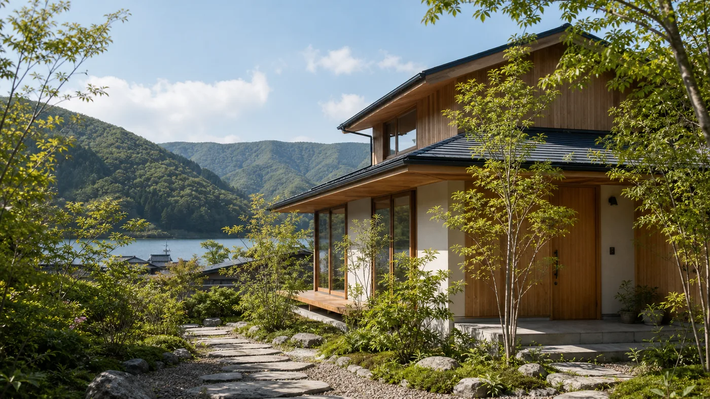 緑豊かな関西の自然に囲まれた木の質感が美しいモダンな戸建て住宅の外観。山や湖が近い落ち着いた住環境