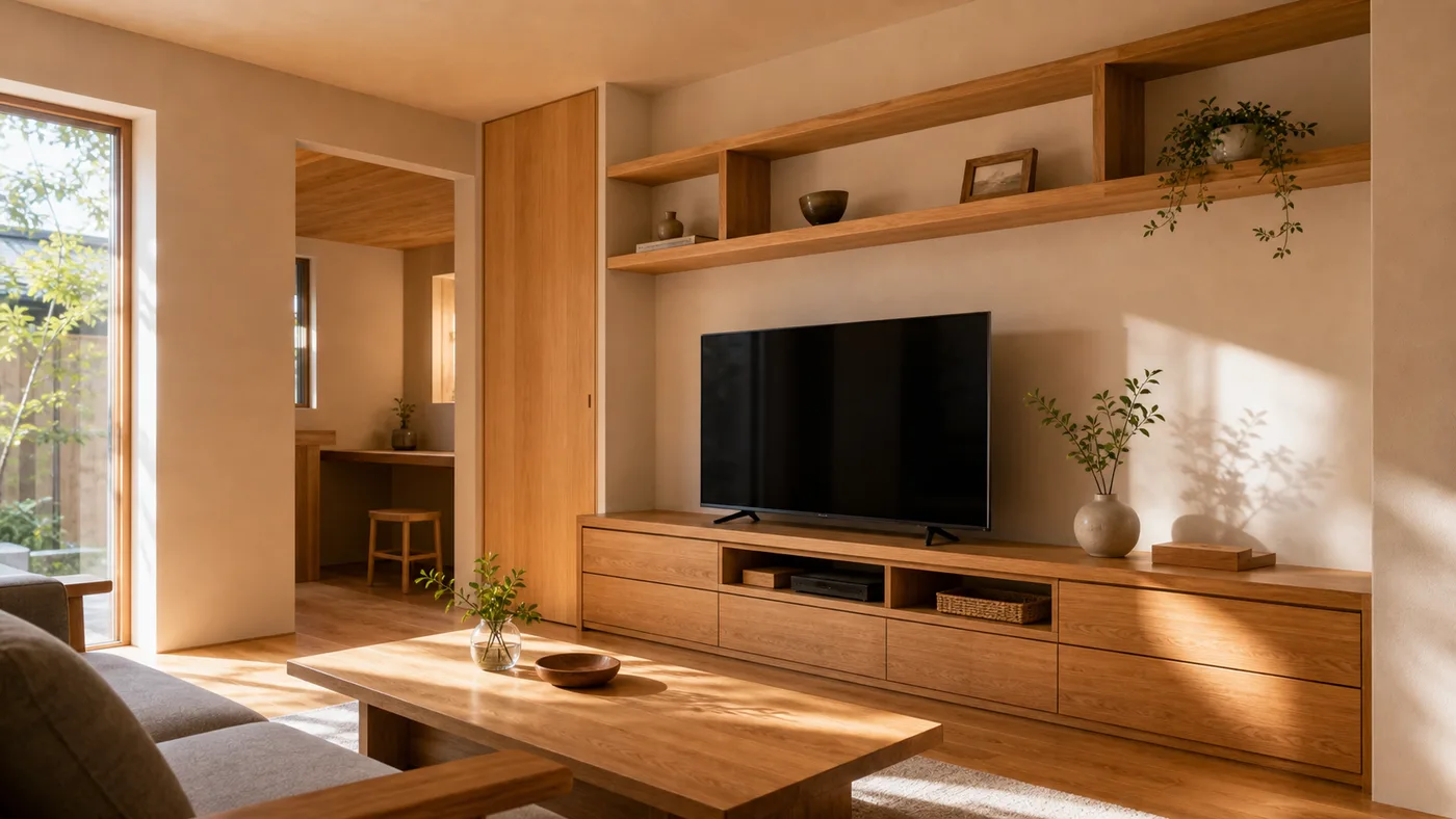 工務店が造った木の造作棚やテレビボードが空間に自然に溶け込むリビング。職人の手による造作家具の質感と自然光